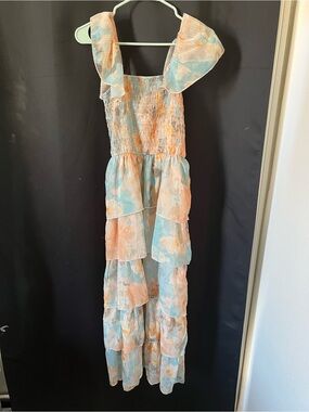 Socialite Pastel Blue and Peach Tiered Ruffle Maxi Dress